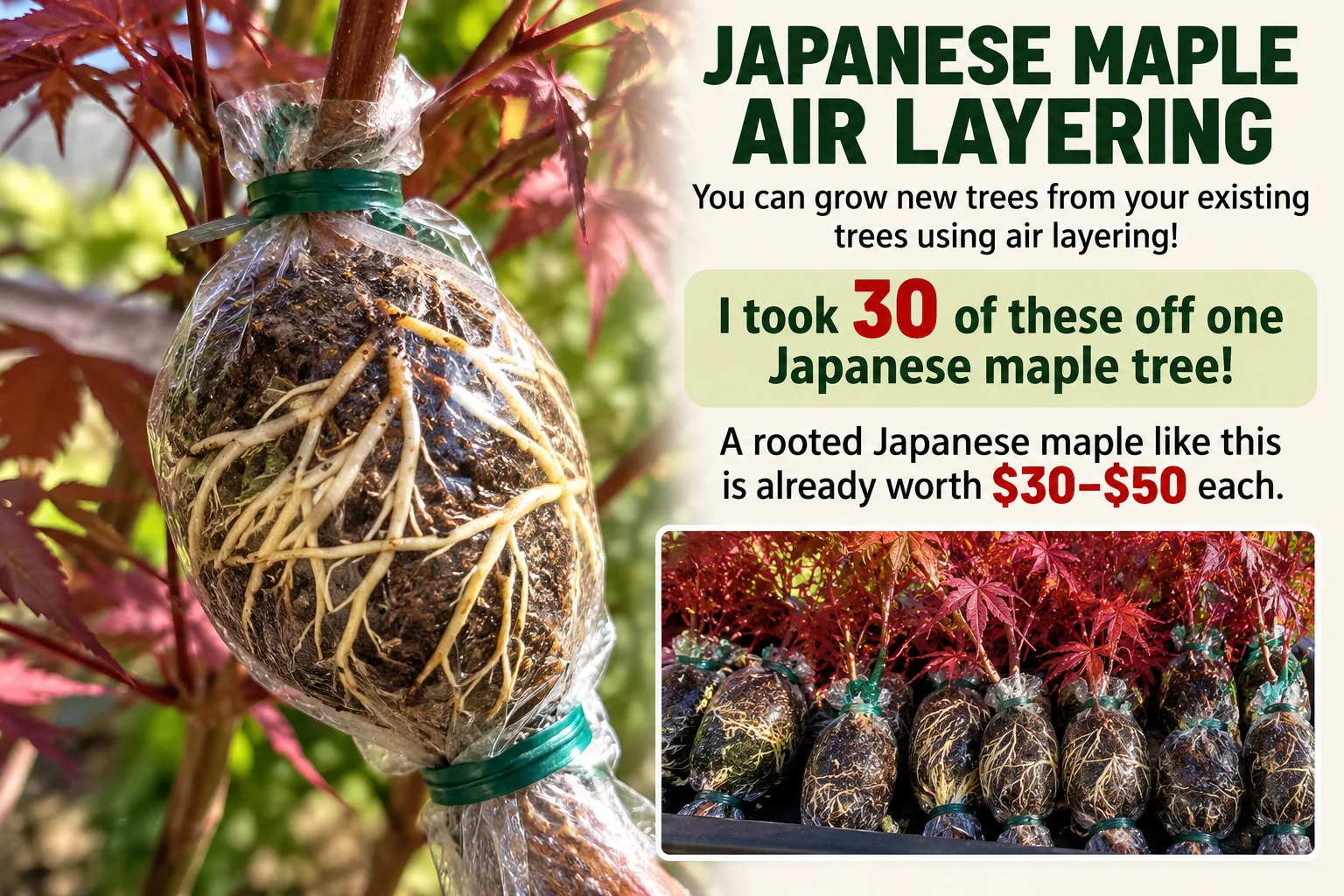 Illustration of Japanese maple air layering, showing roots growing inside transparent plastic wrap
